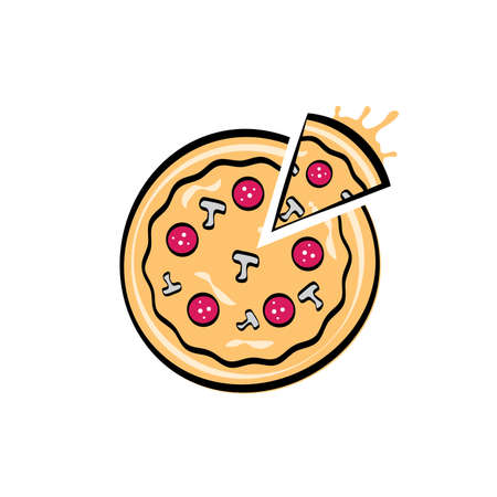 Pizza and pizza slice cartoon illustration, vector isolated on white backgroundのイラスト素材