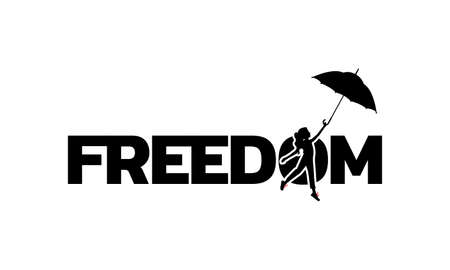 Freedom word isolated on white background, vector. Girl silhouette holding umbrella. Minimalist word art design. Black and white artworkのイラスト素材