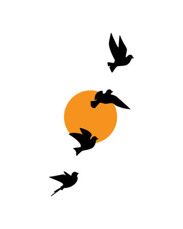 Flying birds on sunset, vector. Flying birds silhouettes isolated on white background. Minimalist art design. Wall art design, artwork. Synonym of freedomのイラスト素材