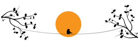Bird on branch on sunset isolated on white background, vector. Bird silhouette on branch in spring, illustration. Wall decals, artwork, wall art design. Natural background. Minimalのイラスト素材
