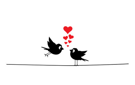 Birds couple in love on wire with hearts illustrations, vector. Fun cartoon art design. Minimalist poster design isolated on white background. Vintage art design. Wall Decals, Birdのイラスト素材