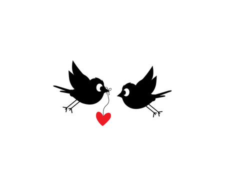 Flying birds silhouettes holding red heart illustration, vector. Fun cartoon art design. Minimalist poster design isolated on white background. Art design. Wall Decals, Bird Silhouのイラスト素材