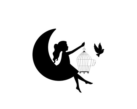 Girl holding open bird cage and flying bird silhouette, vector. Girl silhouette on a moon. Wall decals isolated on white background, art design, artwork. Black and white art designのイラスト素材