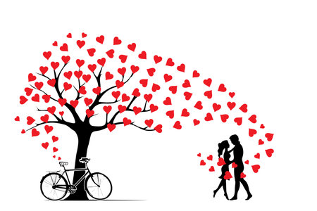 Couple silhouettes under love tree with hearts bowling and bicycle, vector. Romantic illustration isolated on white background.のイラスト素材