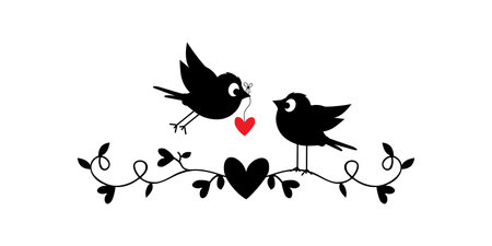 Birds couple silhouettes, vector. Bird illustration holing a heart. Romantic cute cartoon illustration.のイラスト素材