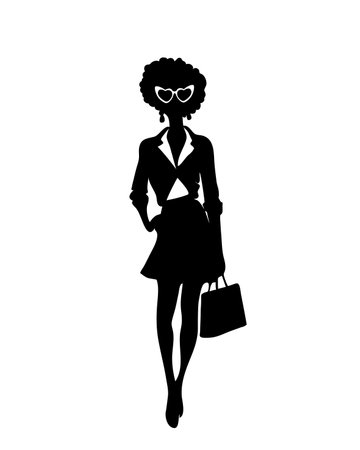Business woman silhouette isolated on white background, vector. Young fashion business woman with briefcase in her hand, black and white illustration.のイラスト素材