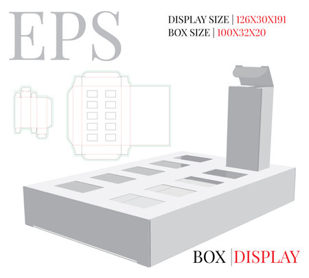 Box display die cut template, vector. Cardboard Box Shelf Template, Display Stand, Corrugated Cardboard Shelf Inserter. White clear blank isolated Cardboard Shelf mock up on whiteのイラスト素材