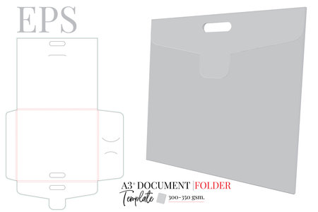 Document Folder A4 with Handle Template, Paper Briefcase. Vector with die cut layers. White, clear, blank, isolated Document Folder on white background with perspective view. Packaのイラスト素材