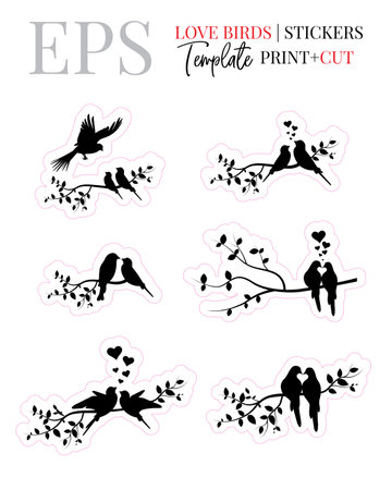 Love birds on branch stickers, vector. Print and cut sticker design isolated on white background. Minimalist black and white art designのイラスト素材