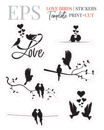 Love birds on branch stickers, vector. Print and cut sticker design isolated on white background. Minimalist black and white art designのイラスト素材