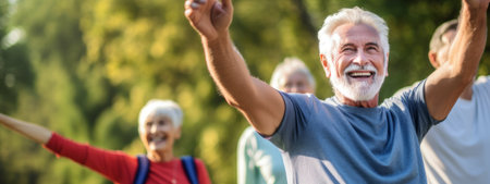 Happy retired people doing workout activity in a public park. Concept of health elderly people lifestyle. Photography with generative AI technology.の素材