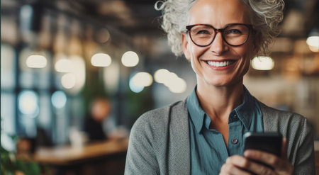 Mature woman with natural gray hair smiling and using a mobile phone in her office. Bright commercial photo. Photography with generative AIの素材
