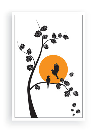 Tree silhouette and birds on sunset isolated on white background, vector illustration. Minimalist poster design, artwork designのイラスト素材
