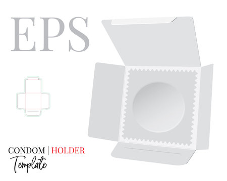Condom holder die cut template, vector. White clear blank preservative holder mock up isolated on white background. Packaging design.のイラスト素材