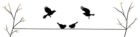 Birds on wire on branch and flying bird silhouette, vector. Scandinavian minimalism art design. Birds illustration isolated on white background. Wall art, artwork, poster designのイラスト素材