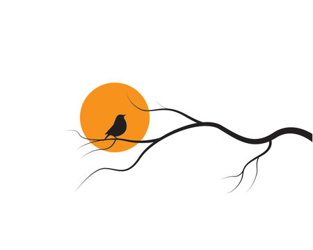 Bird silhouette on branch on sunset isolated on white background, vector illustration. Wall artwork design, poster designのイラスト素材