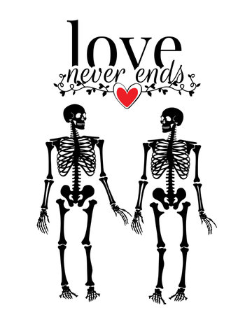 Skeletons holding hands, vector illustration isolated on white background. Love never ends, wording design.のイラスト素材