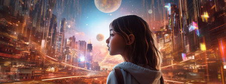 Little girl looking around the metaverse. Commercial photo. Photography with generative AIの素材