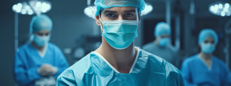 Concentrated surgeon performing surgery. Focus is on young doctor. Commercial photography with generative AIの素材