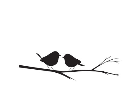 Birds couple silhouette on branch isolated on white background, vector illustration. Two birds on tree, minimalist black and white wall artwork design, poster designのイラスト素材