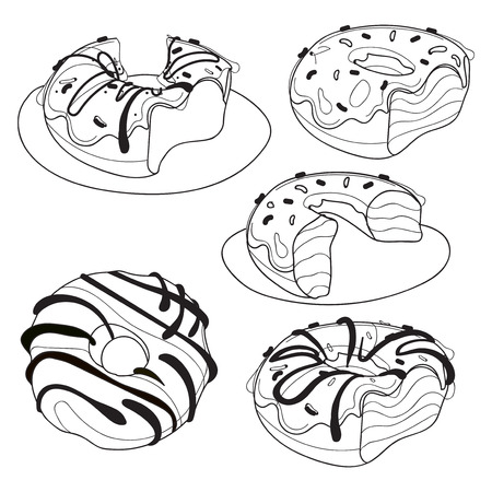 Vector set of sweet donuts. Collection of stylized baking. Black and white drawing. Linear Art. Cakes.のイラスト素材