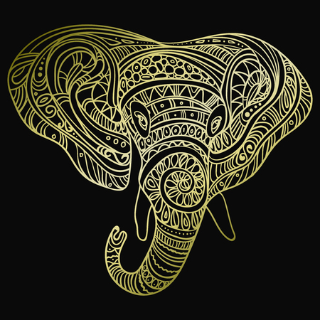 Stylized head of an elephant. Ornamental portrait of an elephant. Gold pattern on a black background. Indian. Mandala.のイラスト素材