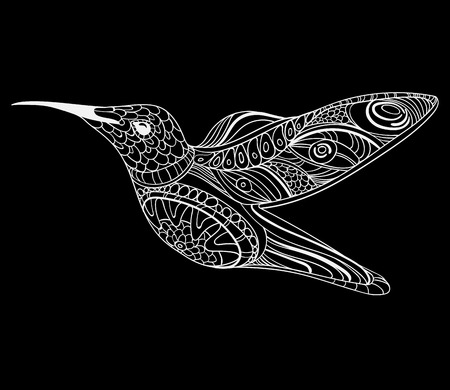 Vector illustration of a hummingbird. Stylized flying bird. Drawing with ornaments. Linear Art. Black and white drawing by hand.のイラスト素材