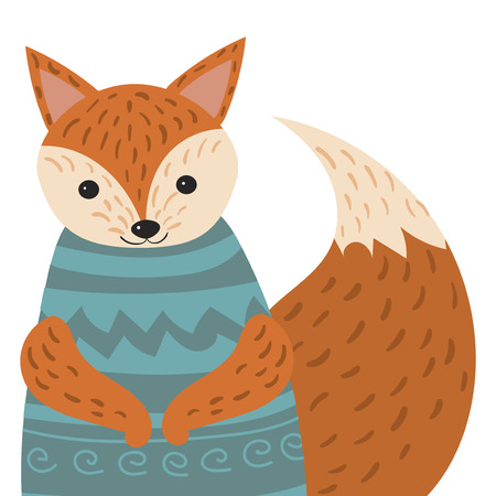 A cartoon portrait of a fox. Stylized happy fox in sweater. Drawing for children vector illustration of an animal for a postcard.のイラスト素材