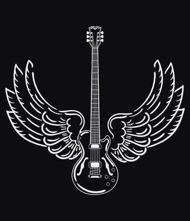 Electric guitar with wings. Stylized electric guitar with angel wings. Black and white illustration of a musical instrument. Rock concert. Musical emblem.のイラスト素材