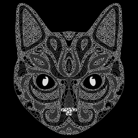 Stylized portrait of a cat. The head of a cat. Linear Art. Ornamental portrait. A pet. Mask. Tattoo. Art.のイラスト素材
