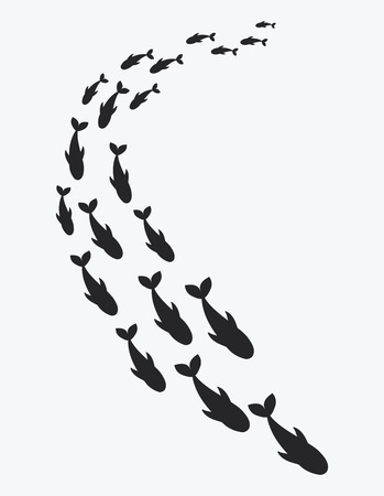 Silhouettes of groups of sea fishes. Colony of small fish. Icon with river taxers. Tattoo.のイラスト素材