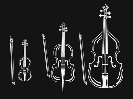 A collection of bow musical instruments in black and white illustration.のイラスト素材