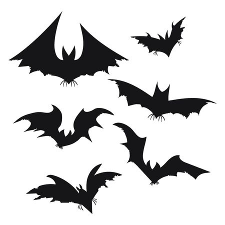 Set of bats for Halloween. Collection of black bats. Silhouettes of flying monsters. The bloodsuckers. Clip art for Halloween.のイラスト素材