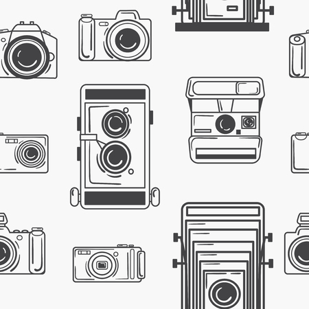 Seamless pattern with digital and retro cameras. Black white print for fabric. Seamless background for the web. Monochrome print for textiles.のイラスト素材