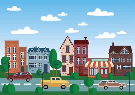 City of old houses. Illustration with houses in a row. Place for the text. The old city by day. Art.のイラスト素材