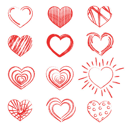 A set of hearts painted with lipstick. Collection of hearts painted with a dry brush. Symbol of love.のイラスト素材