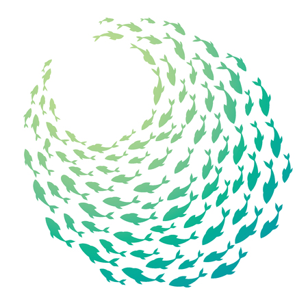Colored silhouettes school of fish. A group of silhouette fish swim in a circle. Marine life. Vector illustration. Logo fishes.のイラスト素材