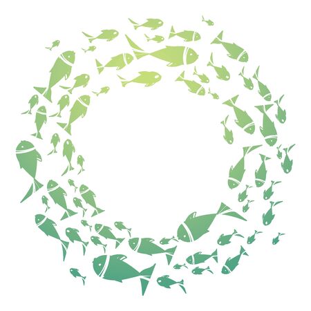 Colored silhouettes school of fish. A group of silhouette fish swim in a circle. Marine life. Vector illustration.のイラスト素材