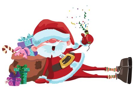 Cartoon Santa Claus is sitting with a bag of gifts. Christmas illustration with merry grandfather in Santa costume.のイラスト素材