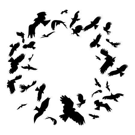 Silhouette of a flock of birds. Black contours of flying birds. Flying pigeons. Tattoo.のイラスト素材