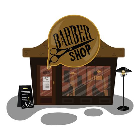 Cartoon barber shop. Small building is a hairdresser. Business illustration.のイラスト素材