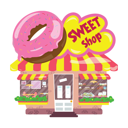 Cartoon candy shop. A small cute market for muffins and donuts. Business illustration.のイラスト素材