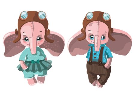 Set of cartoon elephants. Collection of cute elephants in clothes. Plush toys for kids. Colorful vector illustration for children.のイラスト素材