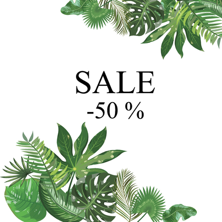 Frame with leaves of tropical plants. Frame for text with exotic leaves. Vector illustration.のイラスト素材