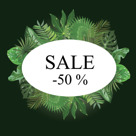 Frame with leaves of tropical plants. Frame for text with exotic leaves. Vector illustration.のイラスト素材