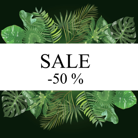 Frame with leaves of tropical plants. Frame for text with exotic leaves.のイラスト素材