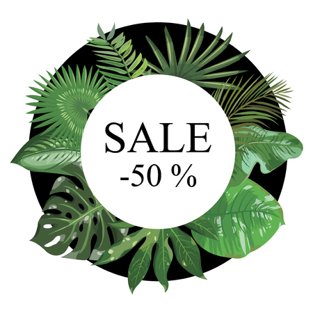 Frame with leaves of tropical plants. Frame for text with exotic leaves. Vector illustration.のイラスト素材