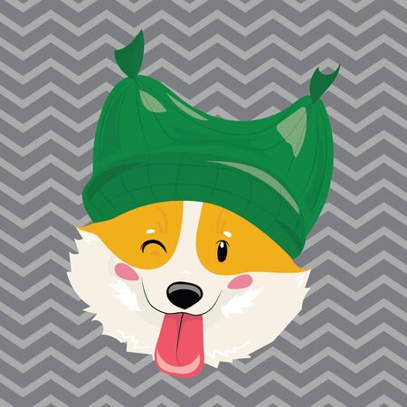 Cartoon portrait of a dog in a hat. Christmas cute dog. The symbol of the year. Vector illustration for a greeting card.のイラスト素材