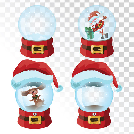 Set of Christmas magic balls. A collection of glass balls with a santa hat. Vector illustration.のイラスト素材