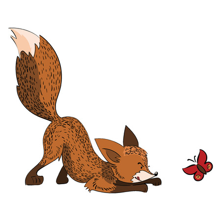 Cartoon fox hunts a butterfly. A stylized fox is played with an insect. Vector illustration for children.のイラスト素材
